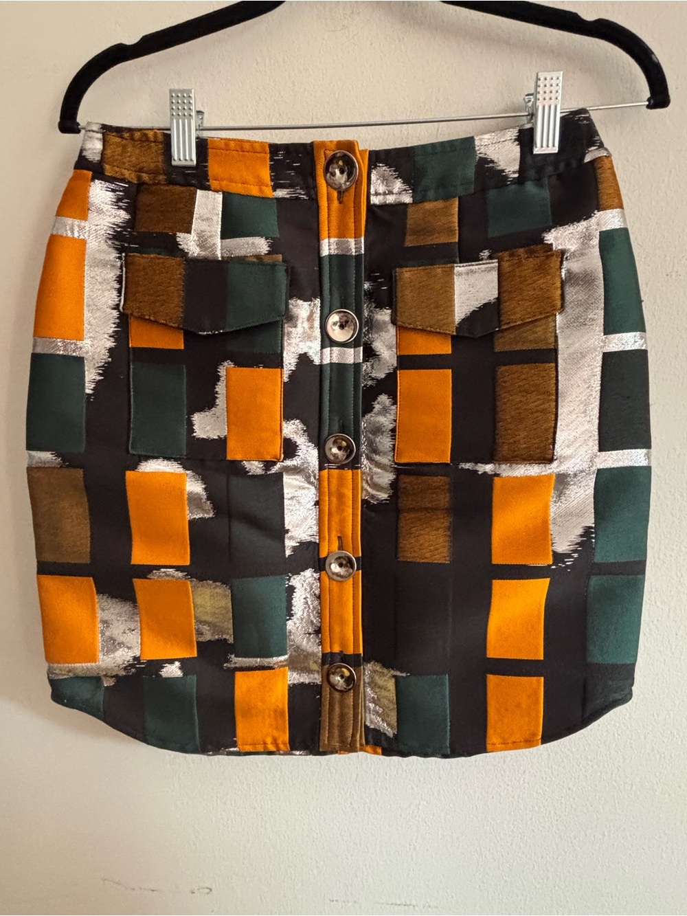 Opening Ceremony Orange, Green & Brown Geometric Button-Front Mini Skirt